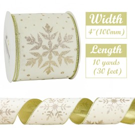HUIHUANG White Christmas Velvet Wired Ribbon 4 Inch With Glitter Gold Snowflakes for Trees, Wreaths, Top Bows, Garland, Staircases, Decor Crafts - 10 Yards