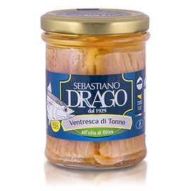 Tuna Belly Meat (Ventresca), in Olive Oil, 200 g Glass, Drago, Italy, Sicily