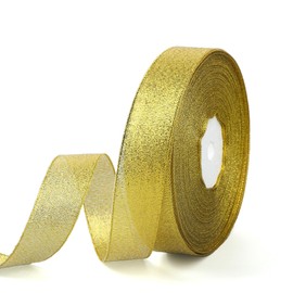 Yellow Gold Glitter Metallic Ribbon 1Inch 50Yards Tulle Ribbon for Gift Floral Wrapping Fabric Ribbons, Crafts, Holiday Wedding Birthday Party Decoration DIY Crafts Bouquet Sparkly Wide Ribbons