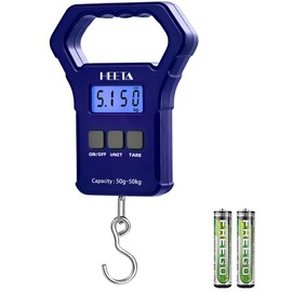 HEETA Fish Scale, 110lb/50kg Digital Portable Hanging Fishing Weight Scale with Backlit LCD Display, Luggage Scale with Non-Slip Large ABS Handle & 2 AAA Batteries, Fishing Gifts Gear for Men, Blue