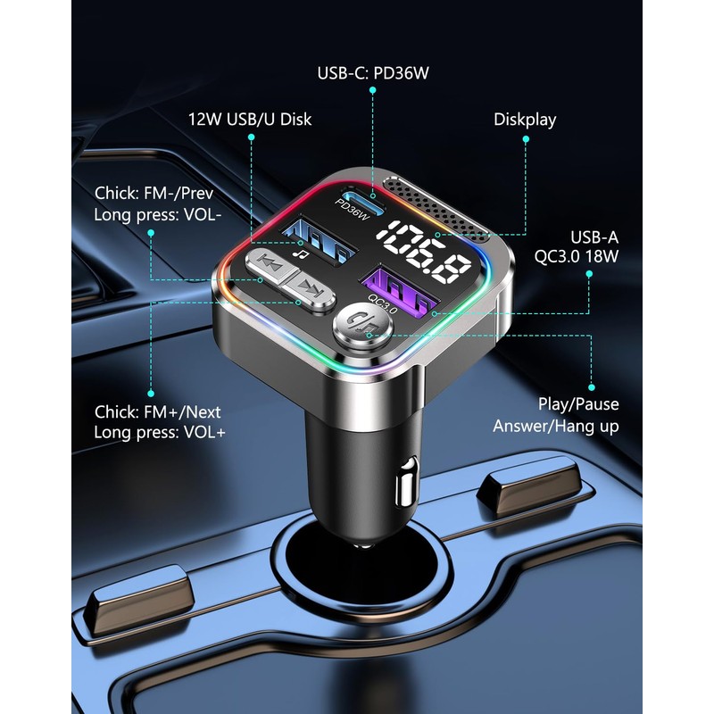 ORIA 66W Bluetooth 5.3 FM Transmitter, PD 36W+QC3.0 18W Car