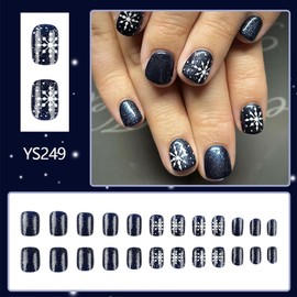 Navy Blue Press on Nails Short Square Fake Nails White Snowflake Glitter Design False Nails Glossy Stick on Nails Full Cover Glue on Nails Christmas Nails for Women Girls 24 Pcs