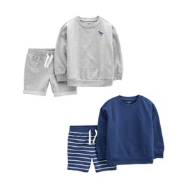 Simple Joys by Carter's Toddler Boys' 4-Piece French Terry Long-Sleeved Shirts and Shorts Playwear Set, Pack of 4, Grey/Navy/Dinosaur/Stripes, 4 Years