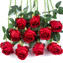 Flojery 10pcs Artificial Rose Flowers Long Stem Fake Silk Roses for DIY Wedding Bouquet Table Centerpiece Home Decor,Red