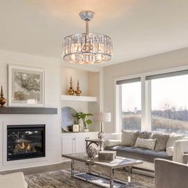 GDLT 18" Silver Crystal Caged Ceiling Fan and Remote, Modern Fandelier Fan Light with Reversible DC Motor, Chrome Chandelier Fan for Bedroom, Living Room, Dining Room