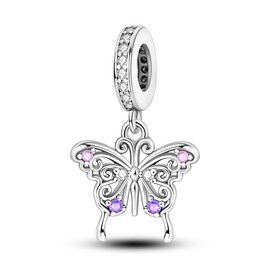 Hapour Butterfly Dangle Charm Bracelet Charm, Pendants Beads Charms for Necklaces Women Jewelry Gift Made of Sterling Silver, Cubic Zirconia & Enamel (Silver)