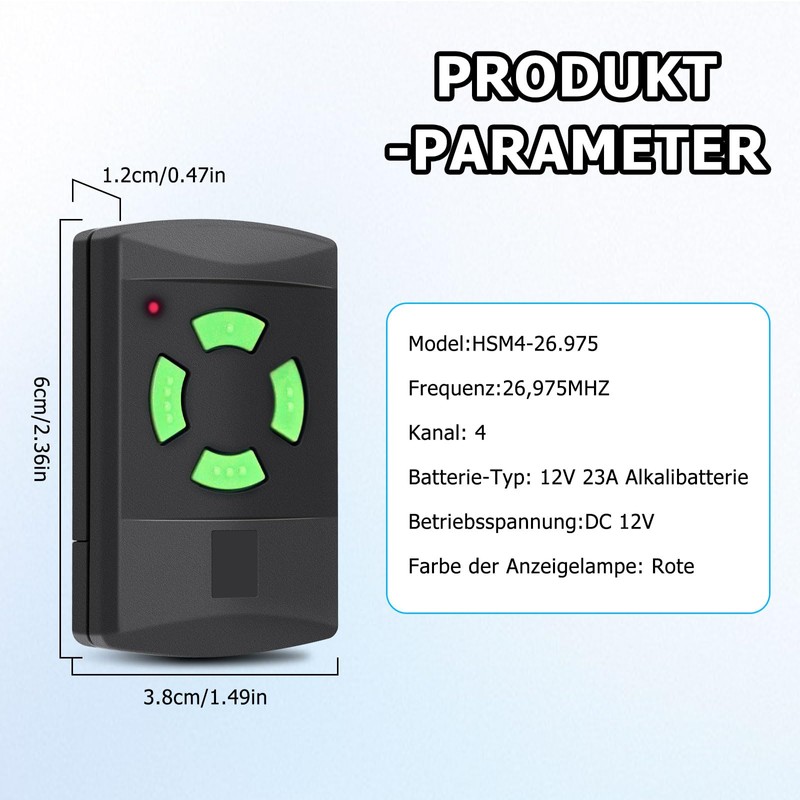 Replacement for Hörmann Handheld Transmitter hsm4 437230, Remote Control Self-Learning