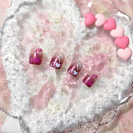 JNRNALI Valentines Press on Nails Short Square Fake Nails, Pink Gradient Press on Nails Valentines Day False Nails Heart Pattern Full Cover Glue on Nails Valentines Nails for Women 24Pcs