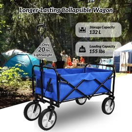 Elevon Heavy Duty Steel Frame Collapsible Folding 150 Pound Capacity Outdoor Camping Garden Utility Wagon Yard Cart, Blue