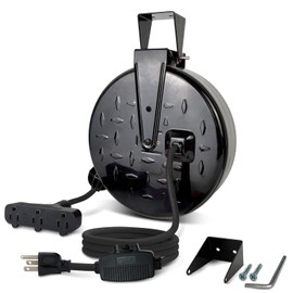 GREATIDE Retractable Extension Cord Reel, 16/3 SJTW Power Cord 30 Ft with 3 Electrical Outlets and 10 Amp Circuit Breaker, Ceiling or Wall Mount, Metal Plate, UL Listed, Grey