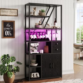 Wine Bar Cabinet with LED Lights - Tall Coffee Bar Station with Power Outlets, Wine Rack, Kitchen Microwave Stand, Bakers Rack Cabinet for Living Room Black