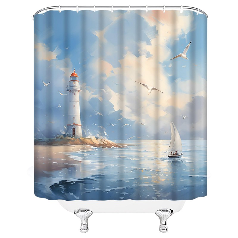 Lighthouse Shower Curtain Nautical Coastal Sailboat Seaside Seascape Seagull Oil