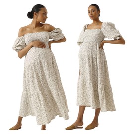 NOTHING FITS BUT Kiko Baby Shower Maternity Gown,Cotton Modal Classic Linen Smocked Nursing Dress, Short Puffed Sleeves, Off Shoulder, Ruffled Details, Large, Ichika