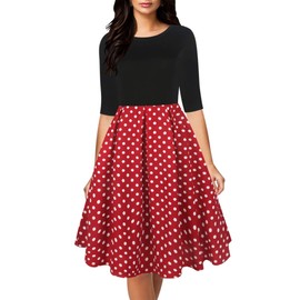 oxiuly Women's Vintage Half Sleeve O-Neck Contrast Casual Pockets Party Swing Dress OX253 (BK-RedDot, XXL)