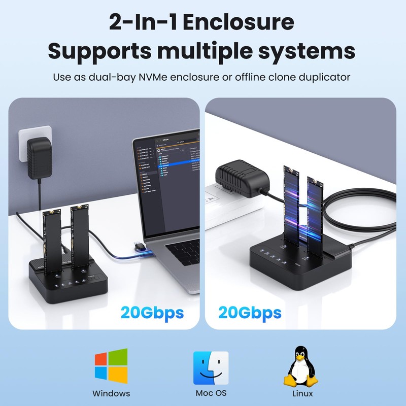 Dual Bay NVMe M.2 SSD Docking Station, USB 3.2 Gen2x2