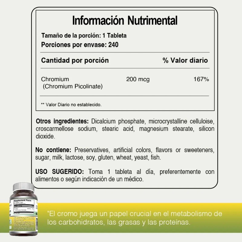 Amazing Nutrition Picolinato De Cromo 240 Comprimidos Sabor Sin Sabor