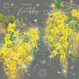 Cherry Orchard Whisteria Happy Birthday Card with Gold Foil Detailing and Gold Envelope Grace Range from