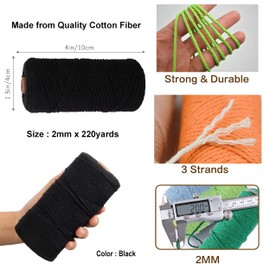 Black Macrame Cord 2mm x 220 Yards,Natural Cotton Macrame Rope 4 Strands Twisted Macrame Cotton Cord for Wall Hanging,Cotton Rope Macrame 2mm Twine for Crafts,Bakers Twine, Gift Wrapping Twine