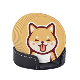 Famame Cute Kawaii Shiba Inu Dog Leather Coasters for Drinks with Holder Coaster Sets 6 Pcs Drink Table Cup Coasters for Living Room Kitchen Coffee Decor