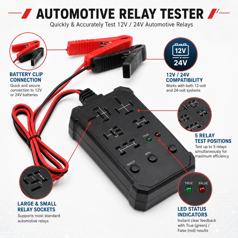 12V/24V Universal Automotive Relay Tester – 5-Position Relay Checker with