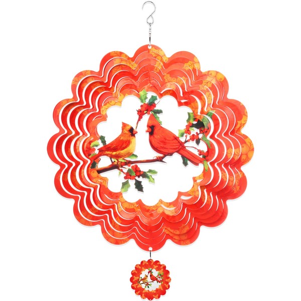 Cardinal Wind Spinner, 3D Bird Spinners with Holly Outdoor Metal Art, Stainless Steel Large Spinning Ornament, 12in Red Hanging Spinners for Yard and Garden Decor, Orange Spinfinity