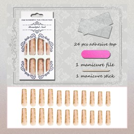 VOTACOS Press on Nails Long Coffin Fake Nails Nude False Nails with Golden Design Glossy Stick on Nails for Women 596