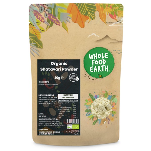 Whole Food Earth® - Organic Shatavari Powder 50 g | Vegan | GMO Free | Certified Organic