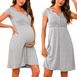 Nieery Maternity Nursing Nightdress Button Breastfeeding Nightwear Soft Lace Nursing Nightgown Cotton Loungewear V Neck Maternity Pyjamas Nightshirt for Pregnant Grey XXL