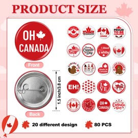 Huquary 80 Pcs Canada Souvenir Gifts Canada Metal Button Pin Gifts Bulk Canadian Maple Leaf Flag Red White Round Badge for Women Men Beaver Travel Birthday Party
