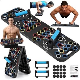 Push Up Board - Portable 25-In-1 Push Up Board for Men with Resistance Bands & Ab Roller Wheel, Professional Strength Training Equipment - Color: Black Blue