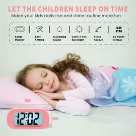 Plumeet Kids Alarm Clock Large Digital LCD Travel Alarm Clocks with Snooze and Night Light - Ascending Sound and Handheld Size - Best Gift for Kids (Baby Pink)