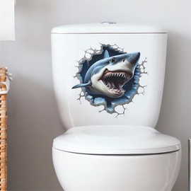 Broken Wall Fierce Shark Toilet Stickers, sacinora Cartoon Sea Animal Toilet Lid Decals Removable Vinyl Peel and Stick Wall Stickers for Bathroom Restroom WC Bathtubs Door Furniture Home Decorations