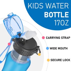 GOPPUS Kids Water Bottle with Straw Lid 10pcs Stickers 17 oz Leak-proof BPA Free Motivational Time Marker Tritan Plastic Water Bottles for Girls Boys School Sports 1 Lid Blue