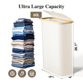 Foluck Slim Laundry Hamper, 60L Waterproof Narrow Laundry Basket with Lid and Removable Bag, Collapsible Tall Clothes Hamper with Bamboo Handles for Clothes Toys in Dorm Bedroom Bathroom, Beige