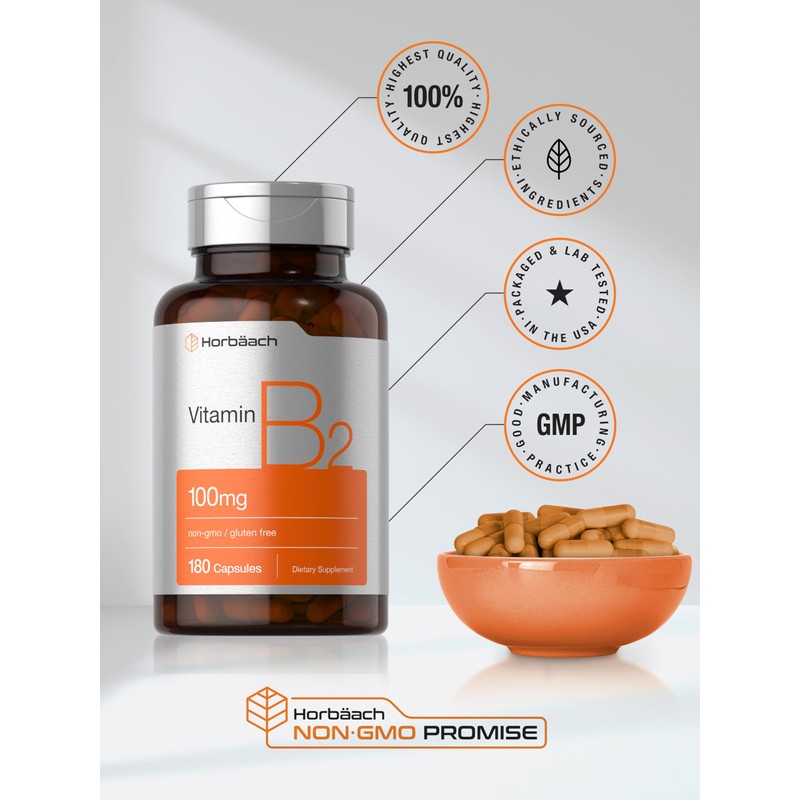 Horbäach Vitamin B2 100mg | 180 Capsules | Riboflavin Supplement