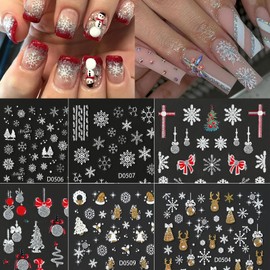 Jremg Christmas Nail Art Stickers Snowflake Nail Decals 5D Embossed Winter Christmas Tree Nail Art Stickers Self-Adhesive Gold Silver Glitter Bell Bow Winter Nails Design for DIY Nail Decor 6 Sheets