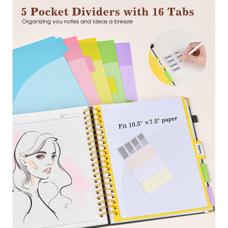 Hardcover Large Spiral Notebook 8.5" x 11" with Removable Dividers