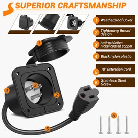 SS VISION 15Amp AC Port Plug with Power Inlet Socket, 125V AC Port Plug Shore Receptacle with 18 Inch Extension Cord, RV Shore Power Inlet Plugs for RV Camper Marine Boat Motorhome Travel