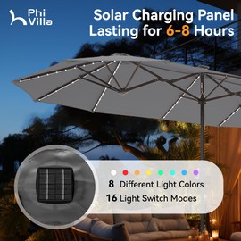 PHI VILLA 13ft Large Patio Umbrella with Solar Lights, Double-Sided Outdoor Market Rectangle Umbrella with 120 PCS LED Lights, Grey(No Base)