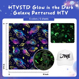HTVSTD Glow in The Dark HTV Vinyl - 6 Sheets 12''x 10''Galaxy Patterned HTV Iron on Vinyl Heat Transfer Vinyl for T-Shirts