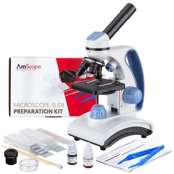 AmScope - 40X-1000X Student Lab Compound Monocular Microscope w/Optical Glass Lenses + AmScope Slide Preparation Kit