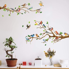 Birds Wall Decals Peel and Stick Decorations DIY Wall Stickers, Nature Wall Decals Peel and Stick Stickers, Over The Garden Wall Decal, Colorful Humming Birds On Tree Branches Wall Decals