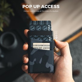 VULKIT Slim Pop Up Card Holder for Men Women, RFID/NFC Blocking Aluminum Card Wallet with 2 Fabric Camo Print Pockets for Cash, Coins, Airtag and Others, Black