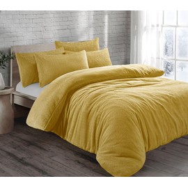 Velvet Stitch Teddy Fleece Duvet Cover with Pillow Case Plain Thermal Fluffy Warm Cosy Super Soft Bedding Set (King, Ochre)