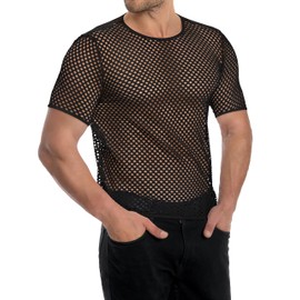 Men's Mesh Shirts Fishnet Fitted See Through Top Short Sleeve Cover Up(Black,XL)