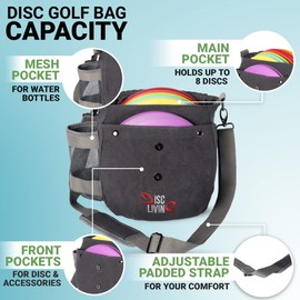 Disc Living Disc - Bolsa de golf para discos de golf, fácil de transportar, ligera, se adapta a hasta 10 discos, lona encerada de 16 onzas, diseño resistente, trabillas para cinturón, diseño de doble botón, soporte para botellas (gris)