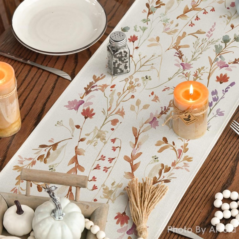 Artoid Mode Flowers Leaves Autumn Table Runner, Seasonal Fall Kitchen