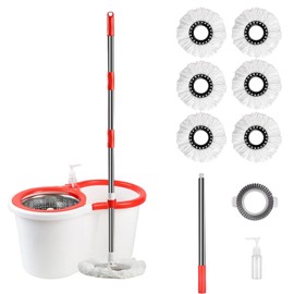 Spin Mop and Bucket with Wringer Set,for Floor Cleaning,with Floor Scrub Brush,61" Adjustable Handle and 6 Microfiber Mop Head(White)