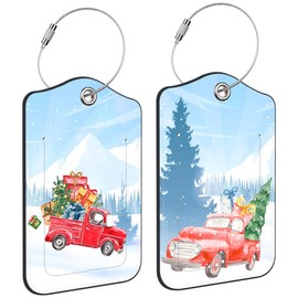 2 PCS Leather Luggage Tags for Suitcase Red Pickup Christmas Tree and Gifts Travel Luggage Tag with Privacy Flap Name ID Label and Metal Loop for Travel Bag Suitcase