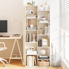 Giantex 64" Bookcases Set of 2, Modern Bookshelf with 12 Staggered Shelves, Wood Display Shelf w/Anti-Tipping Kits, Tall Storage Shelving Unit, Book Storage Organizer for Living Room Office, White